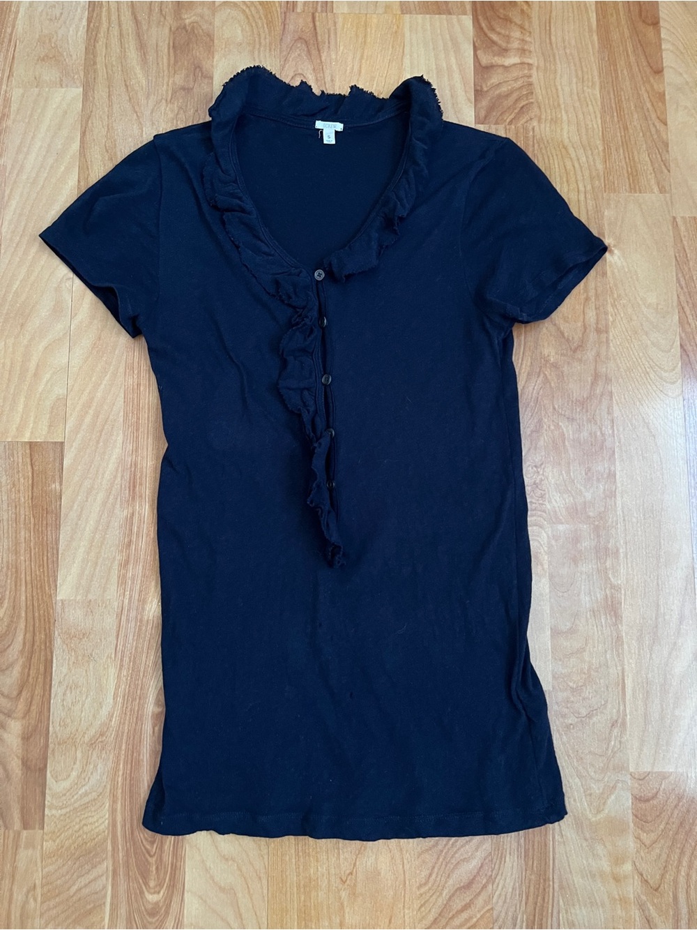 J. Crew Black Short Sleeve Ruffle-Trim Button Front Top